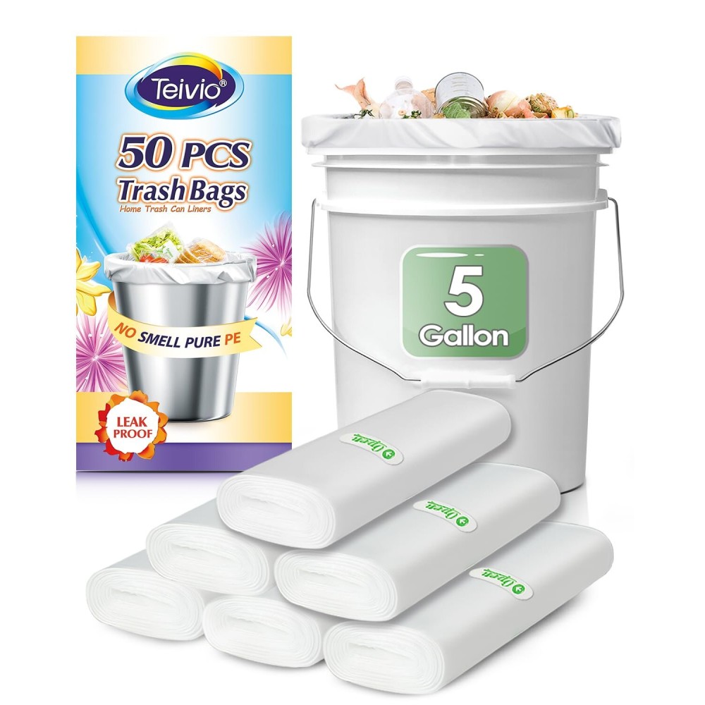 5 Gallon 50 Counts Strong Trash Bags Garbage Bags by Teivio, Bathroom Trash Can Bin Liners, Plastic Bags for home office kitchen, Clear