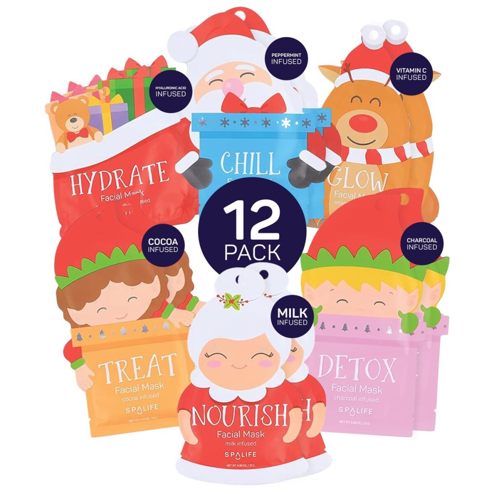 SpaLife Beauty Santas Squad Christmas Face Mask Bundle | Korean Facial Masks | Hydrating, Soothing, Complexion Enhancing and Firming Sheet Mask Set | Christmas Gifts for Women | 12 Pack
