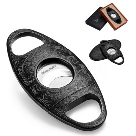 CIGARLOONG Cigar Cutter Stainless Steel Bronze Engraved Double Cut Blade Cigar Guillotine (Black)
