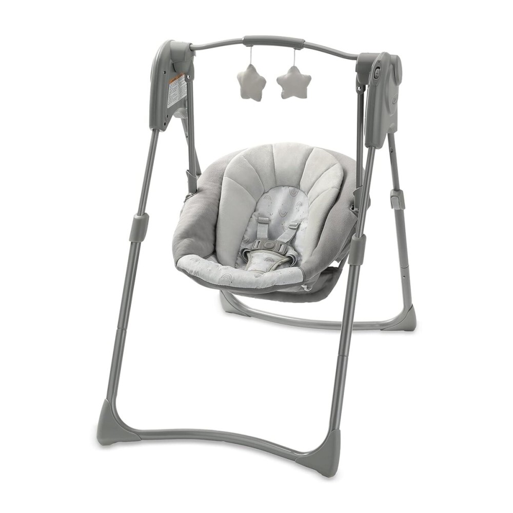 Graco Slim Spaces Compact Baby Swing, Space Saving Portable Bay Swing with Height Adjustable Legs & Soft Toys, Reign
