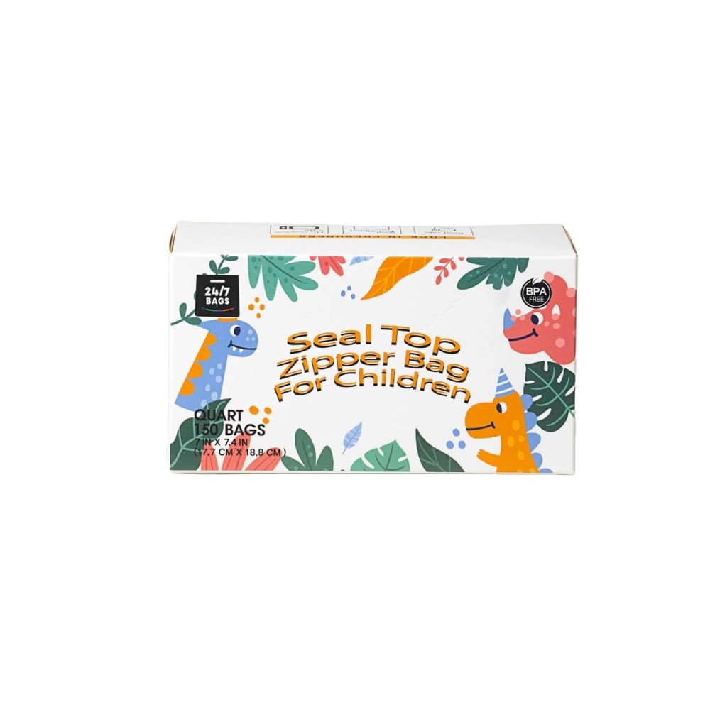 24/7 Bags- Quart Zip Storage Bags, 150 Count with Patterns, 4 Unique Fun Designs, Zero BPA, Lunch, Trips, Parties & More
