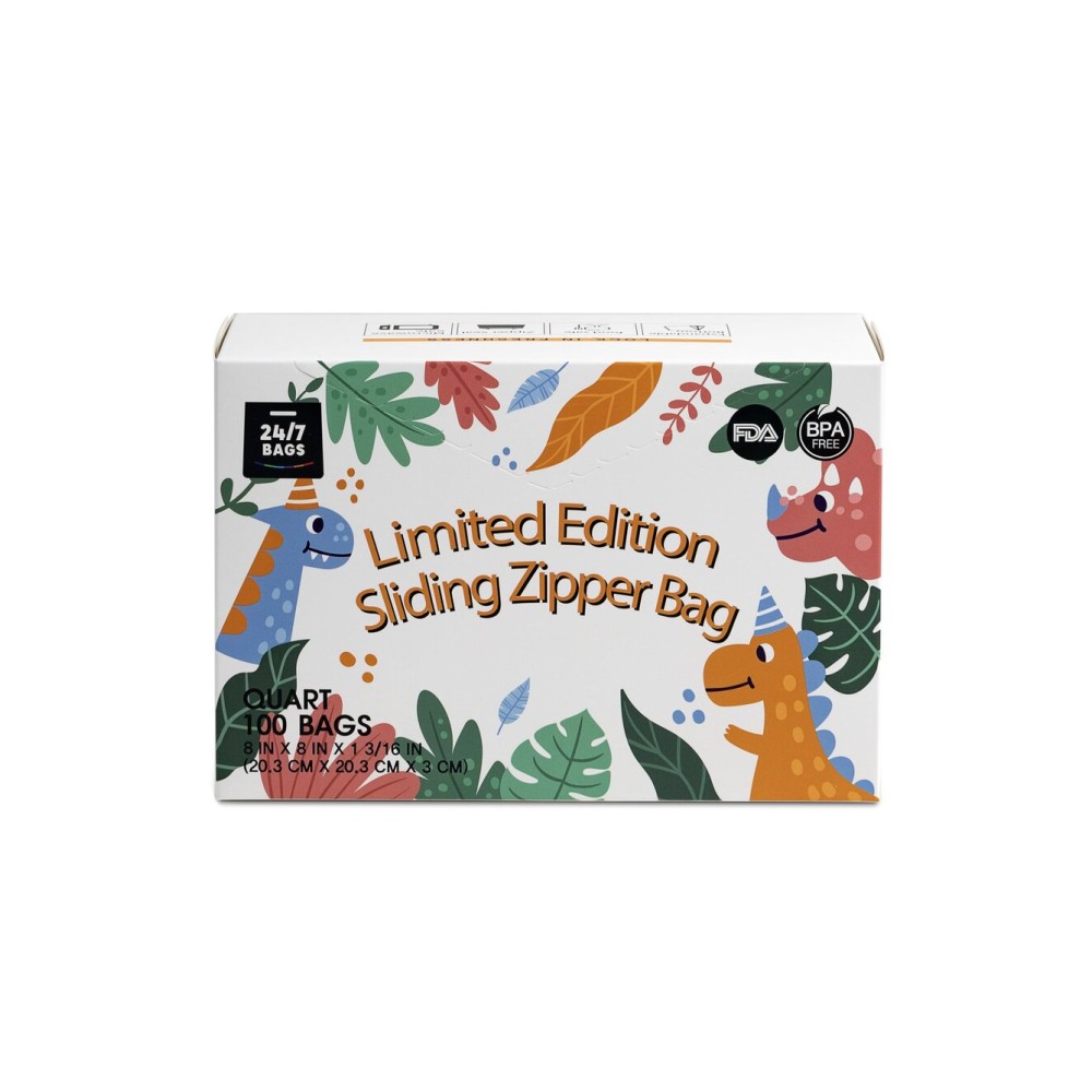 Quart Resealable Slider Food Storage Bags, 100 Count, Fun Designs, 4 Different Fun Patterns, Zero BPA, Lunch, Trips, Parties & More