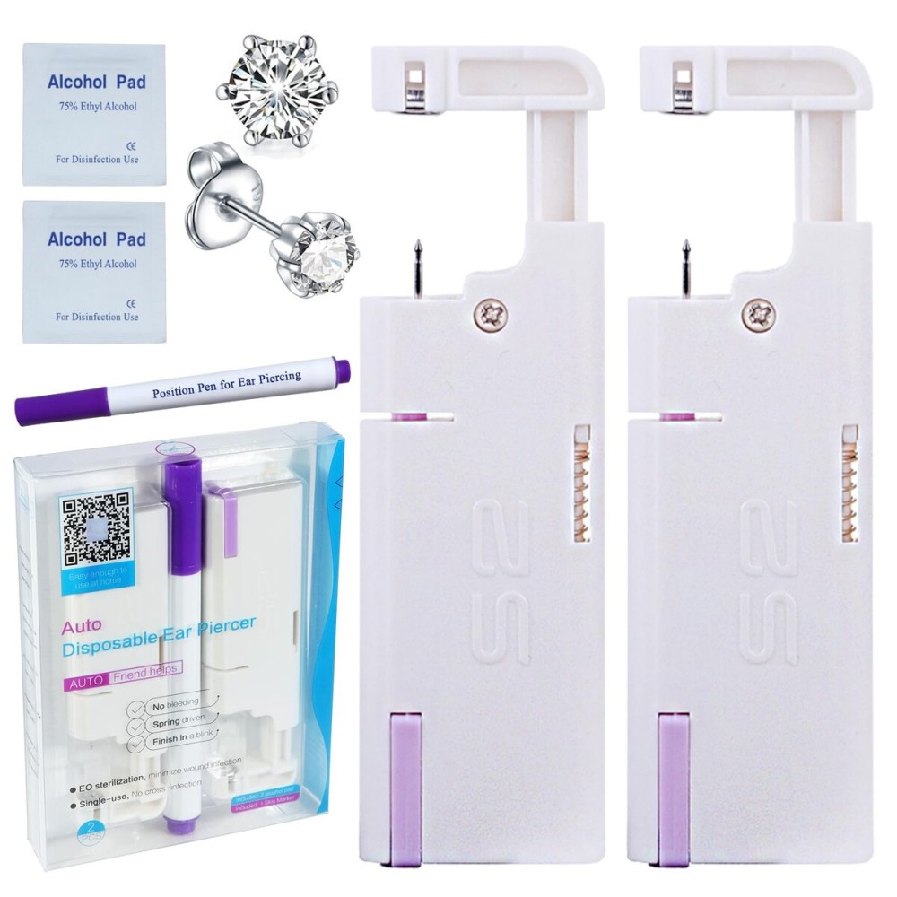 Firstomato 2PCS Disposable Ear Piercing Kit Aseptic Ear Piercing Gun Self Use Ear Piercings Kit Cartilage Piercing Gun with Hypoallergenic Earrings5mm 6-prongs crystal)