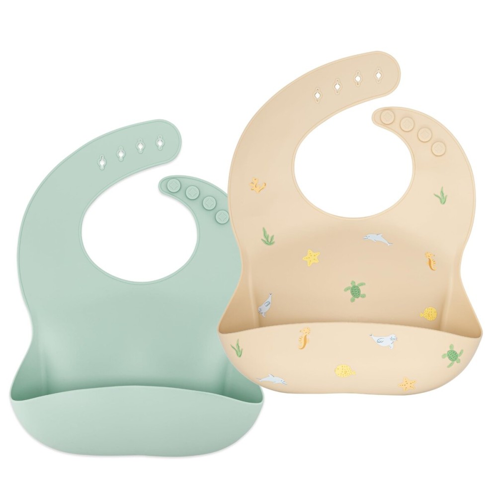 AVA + OLIVER Waterproof Silicone Bib Set with Adjustable Neck Closure - Durable Silicone Bibs for Babies - Set of 2 (Sea Animals)