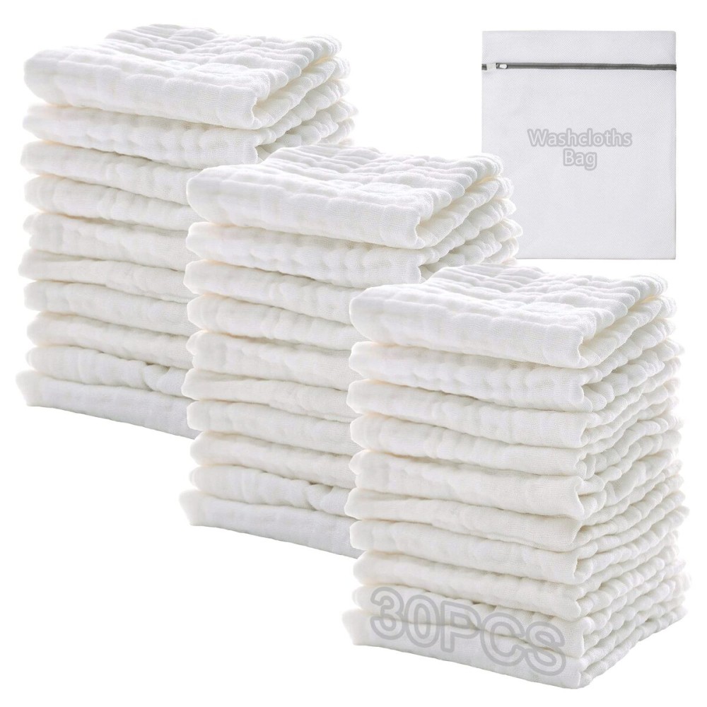 Baby Muslin Soft White Small Washcloths for Newborn Essentials Must Haves Muslin Wash Absorbent Burp Cloths Registry for Your Baby Boy Face Towel And Bath Washcloth Koo-dib 30 Pack Set + Wash Mesh Bag