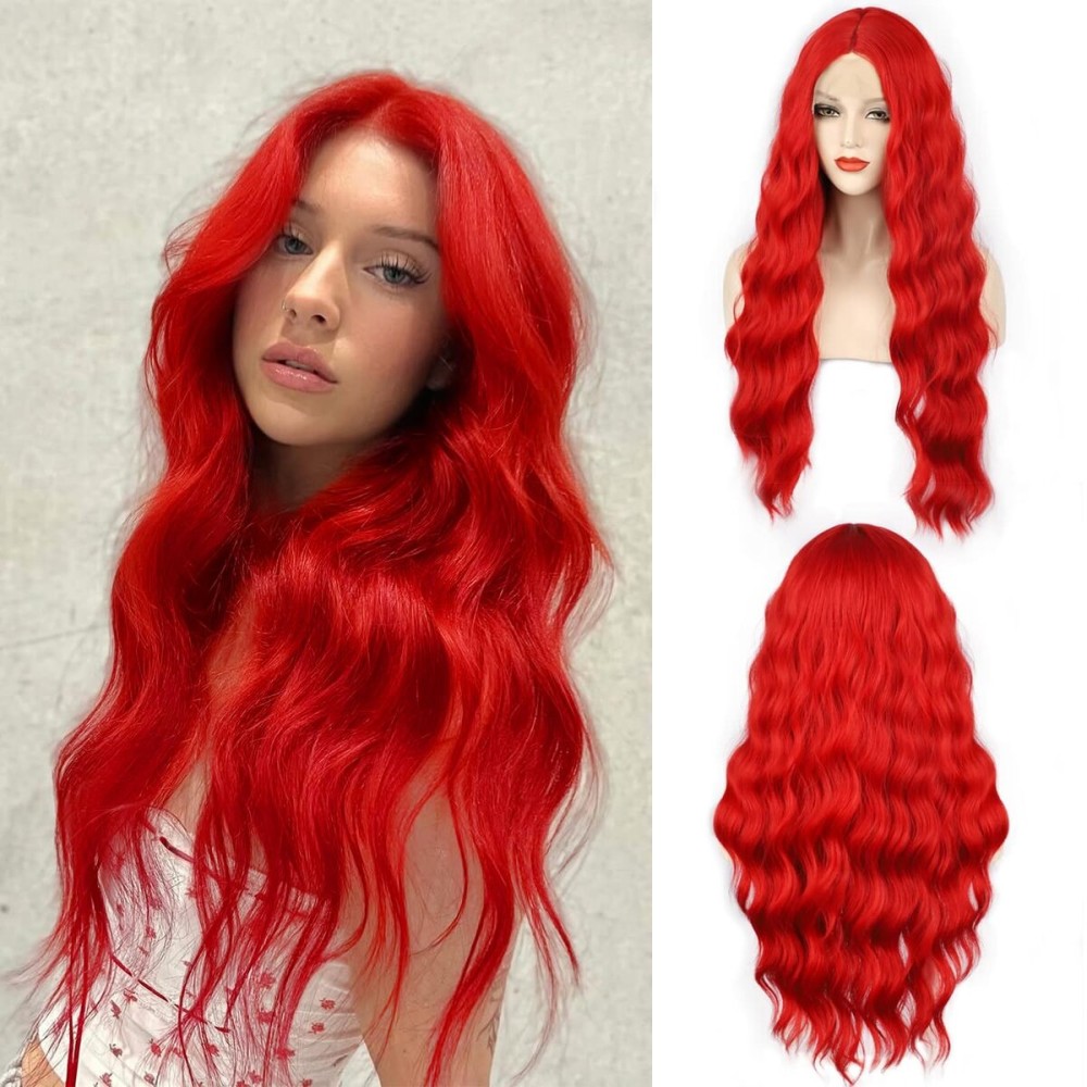 WECAN Red Wigs for Women Long Wavy Synthetic Red Wig Halloween Cosplay Red Wigs Daily Party Use Heat-Resistant Fiber Red Wig