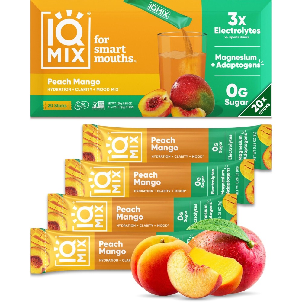 IQMIX Hydration Electrolyte Powder - 4-in-1 Formula for Hydration, Mental Clarity, Mood and Recovery - Sugar-Free Drink Mix, Keto, Magnesium L-Threonate, Lions Mane - 20 Count Peach Mango
