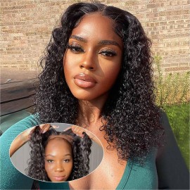 Ailwelia Curly Bob Wig Human Hair Jerry Curl 200% Density 5x5 HD Lace Closure Wigs Human Hair Bob Wigs For Black Women Wear And Go Glueless Curly Wig 1B Color 14 Inch