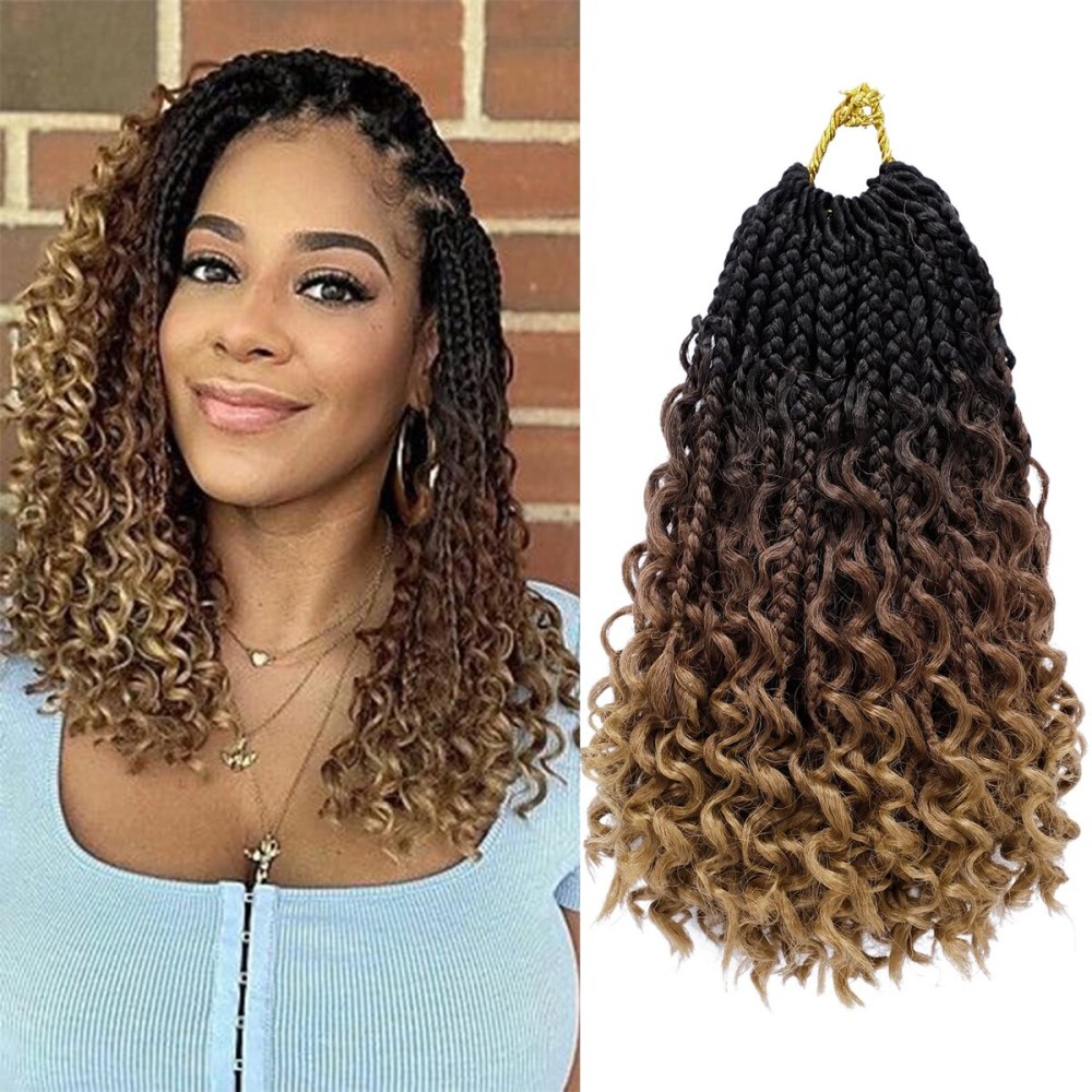 Goddess Box Braids Crochet Hair 10 Inch 8 Packs Pre-looped Bohemian Crochet Boho Box Braids With Curly Ends 3X Crochet Braids Hair for Women Synthetic Braiding Hair (10 inch, T1B/30/27)