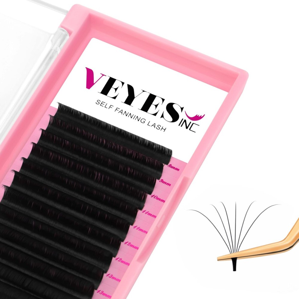 VEYES INC Easy Fan Volume Lash Extensions 03 05 07 J/B/L/C/CC/D/DD Curl 8-25mm Mixed & Single Length Tray, Matte Black Self Fanning Eyelashes, Professional Supplies for Lash Techs (0.03 D 15mm)