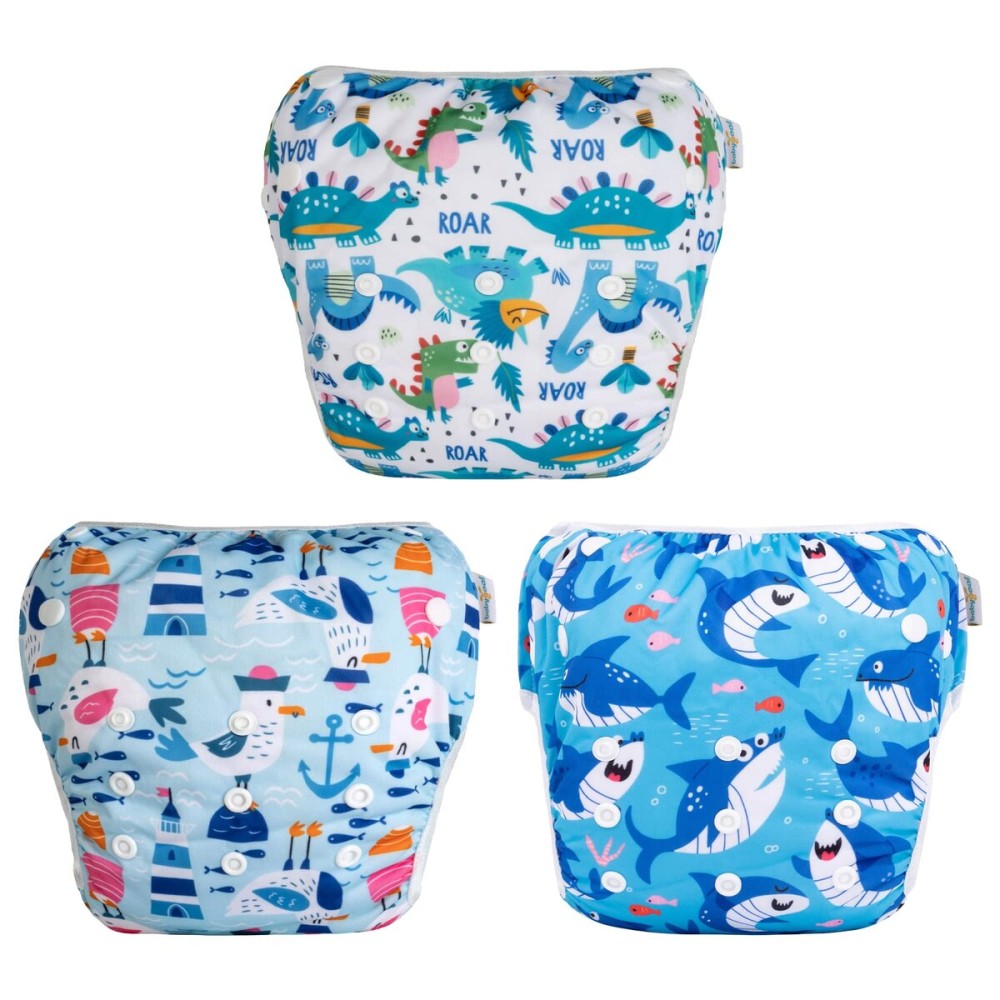 Babygoal Baby Boy Swim Diapers 3 Pack for 0-8 Months Infant, Reusable Adjustable Washable for Swimming Lessons-Dinosaur,Shark,Fish