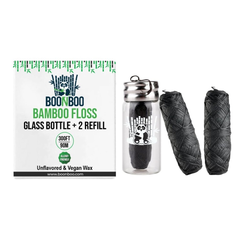 BOONBOO Dental Floss, Charcoal Woven Thread, Glass Bottle and 2 Heads Refill, Unflavored