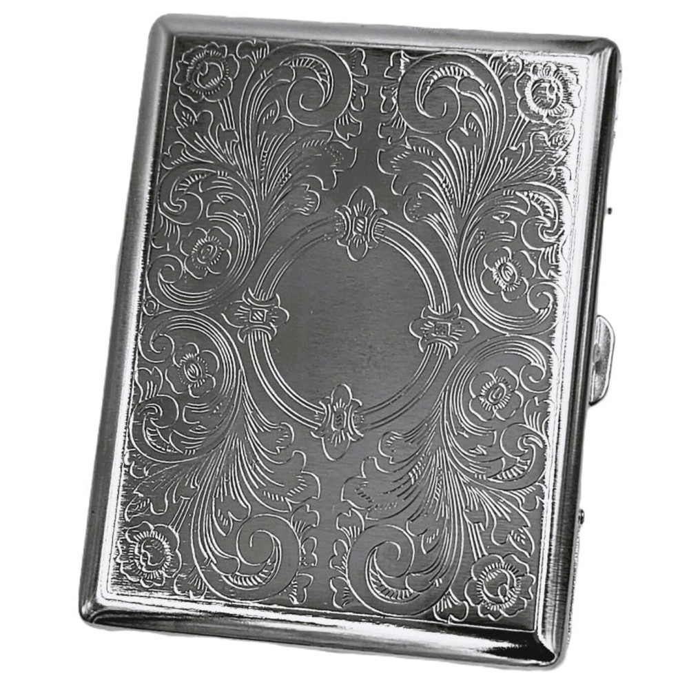 Retro Cigarette Case Victorian Style Metal Holder for Regular, King & 100\'s Size Credit Card Holder Pocket Security Wallet, Large with Etched Pattern RFID Protective Security Wallet (ET-L100, Silver)