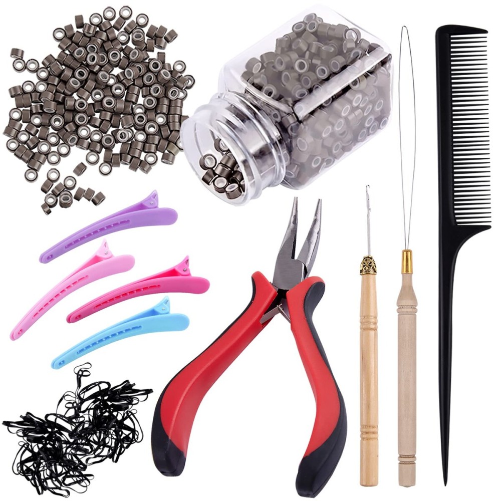 Duufin Hair Extensions Tools Kit 500 Pcs Dark Blonde Micro Ring Beads 1 Micro Beads Plier 2 Hook Needle Pulling Loop 4 Plastic Alligator Hair Clips 1 Comb and 2 Bags Black Mini Rubber Hair Elastic