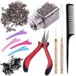 Duufin Hair Extensions Tools Kit 500 Pcs Dark Blonde Micro Ring Beads 1 Micro Beads Plier 2 Hook Needle Pulling Loop 4 Plastic Alligator Hair Clips 1 Comb and 2 Bags Black Mini Rubber Hair Elastic