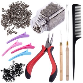 Duufin Hair Extensions Tools Kit 500 Pcs Dark Blonde Micro Ring Beads 1 Micro Beads Plier 2 Hook Needle Pulling Loop 4 Plastic Alligator Hair Clips 1 Comb and 2 Bags Black Mini Rubber Hair Elastic