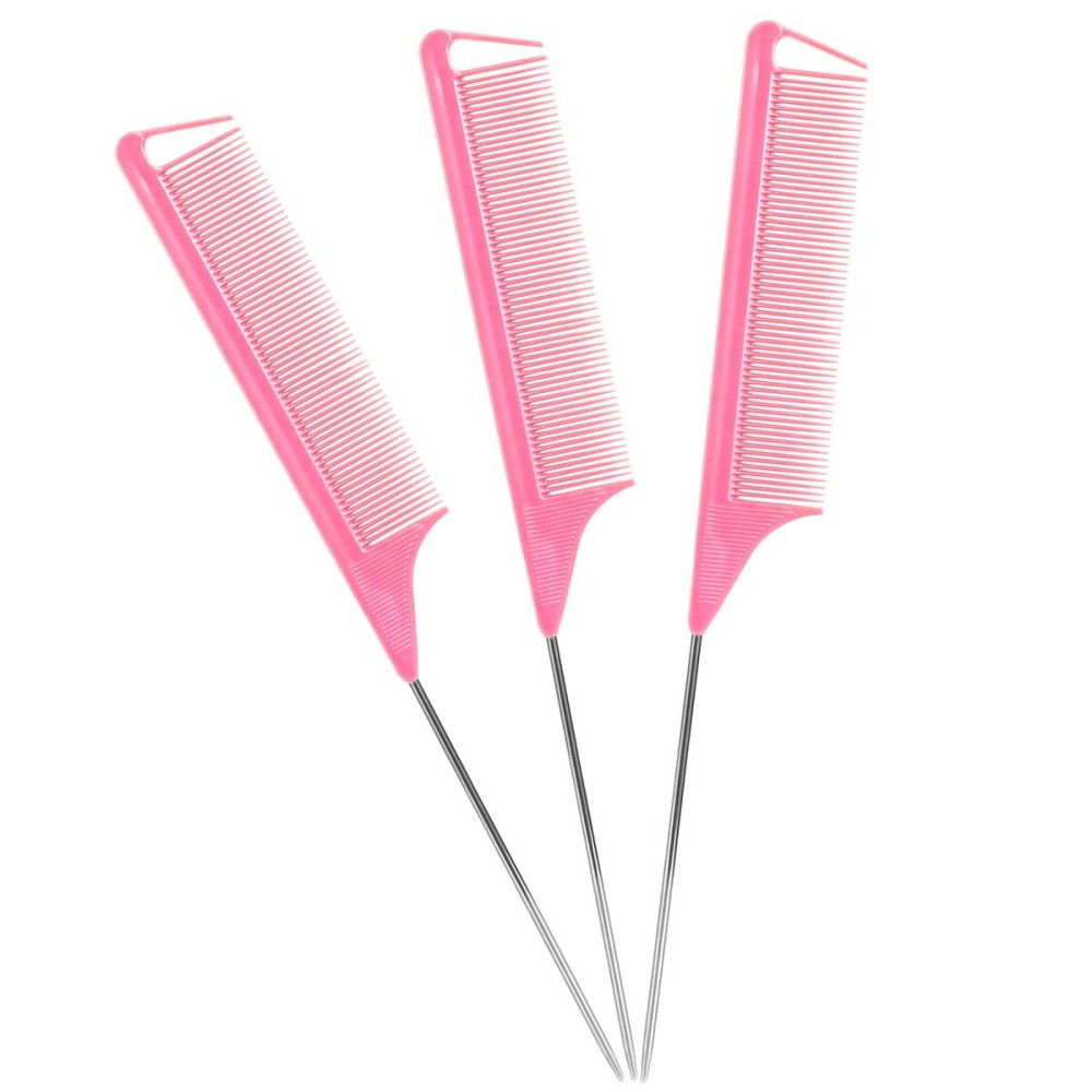 Rat Tail Combs Set - 3 Pack Long Steel Pin Combs for Hair Stylists, Parting and Teasing, Great for All Hair Types (Pink)