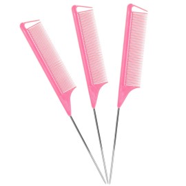 Rat Tail Combs Set - 3 Pack Long Steel Pin Combs for Hair Stylists, Parting and Teasing, Great for All Hair Types (Pink)