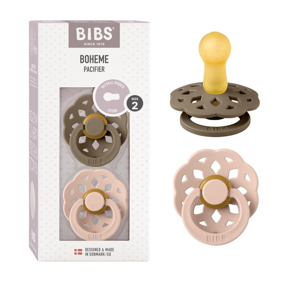 BIBS Pacifiers - Boheme Collection | BPA-Free Baby Pacifier | Made in Denmark | Set of 2 Dark Oak/Blush Color Premium Soothers | Size 6-18 Months