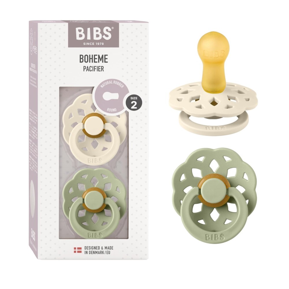 BIBS Pacifiers - Boheme Collection | BPA-Free Baby Pacifier | Made in Denmark | Set of 2 Ivory/Sage Color Premium Soothers | Size 6-18 Months