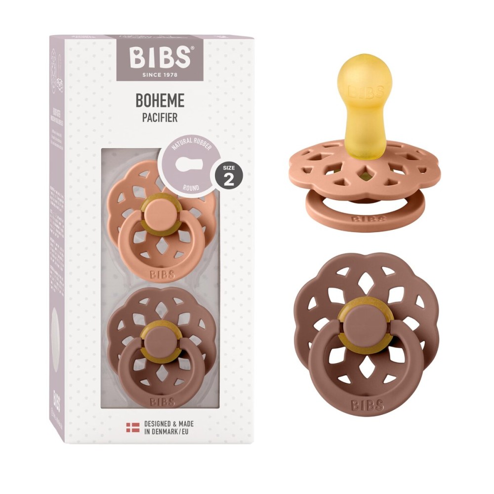 BIBS Pacifiers - Boheme Collection | BPA-Free Round Nipple | Nautral Rubber Latex | Made in Denmark | Set of 2 Peach/Woodchuck Color Premium Soothers | Size 6-18 Months