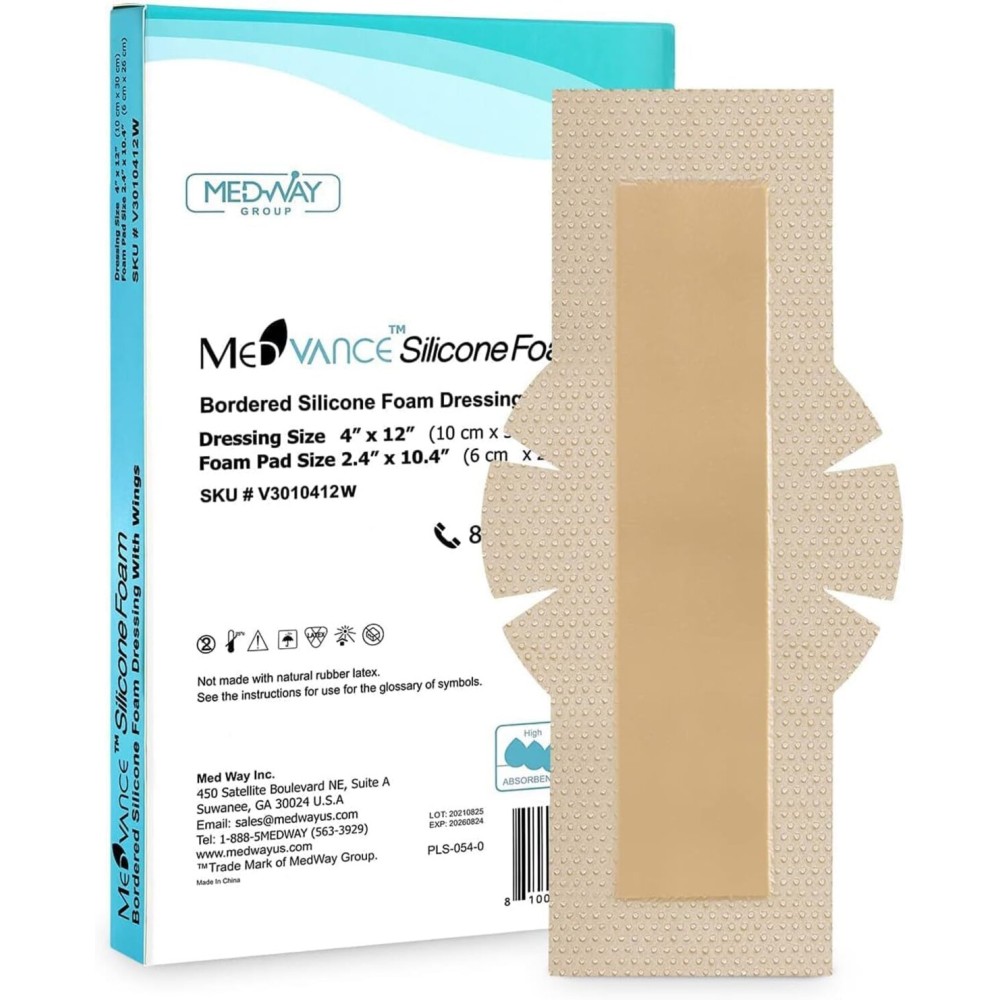 MedVance TM Silicone - Bordered Silicone Adhesive Foam Dressing Size 4 12 w/Wings (2.4x10.4 Pad), Box of 5 dressings