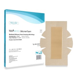 MedVance Bordered Adhesive Silicone Foam Dressing Pack of 5 - Waterproof Silicone Pad - Easy Apply & Remove Sterile Bandages - Wound Care & Dressings for Burns & More (4x8 Bandage w/Wings)