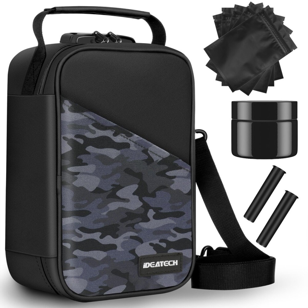 IDEATECH Smell Proof Bag, Stash Box Odor Proof, Smell Proof Containers with Lock, Odorless Travel Storage Bag, Home Organizer Case Lock Box with Accessories (Camo)