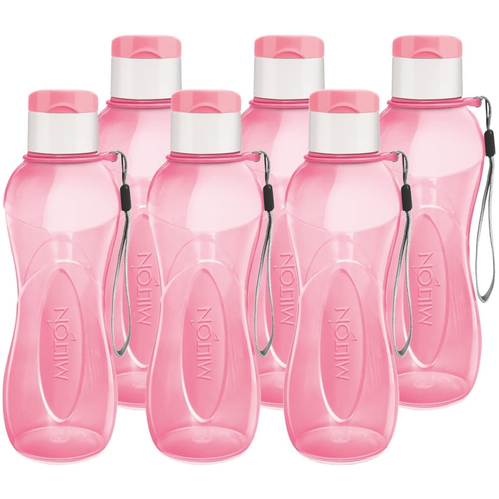 MILTON Water Bottle Kids Reusable Leakproof 12 Oz Plastic Wide Mouth Large Big Drink Bottle BPA & Leak Free with Handle Strap Carrier for Cycling Camping Hiking Gym Yoga (Pink 6 pack)
