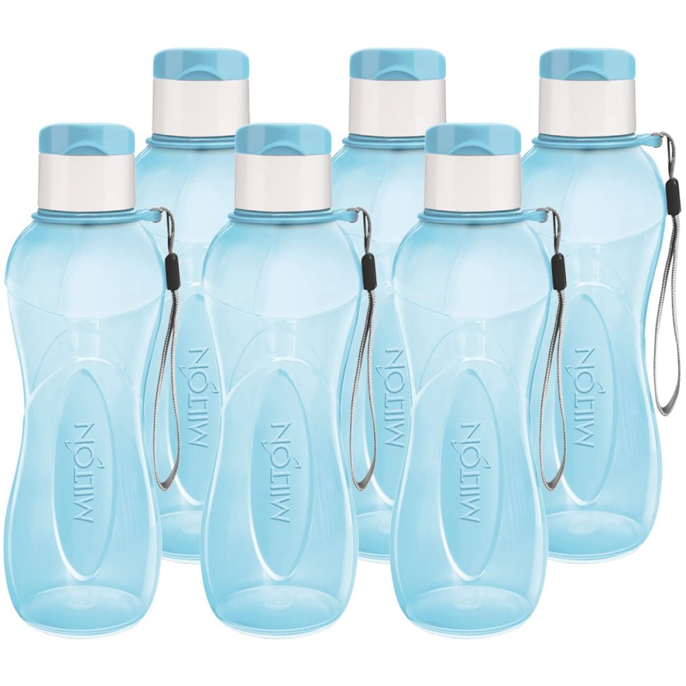 MILTON Water Bottle Kids Reusable Leakproof 12 Oz Plastic Wide Mouth Large Big Drink Bottle BPA & Leak Free with Handle Strap Carrier for Cycling Camping Hiking Gym Yoga (Blue 6 pack)