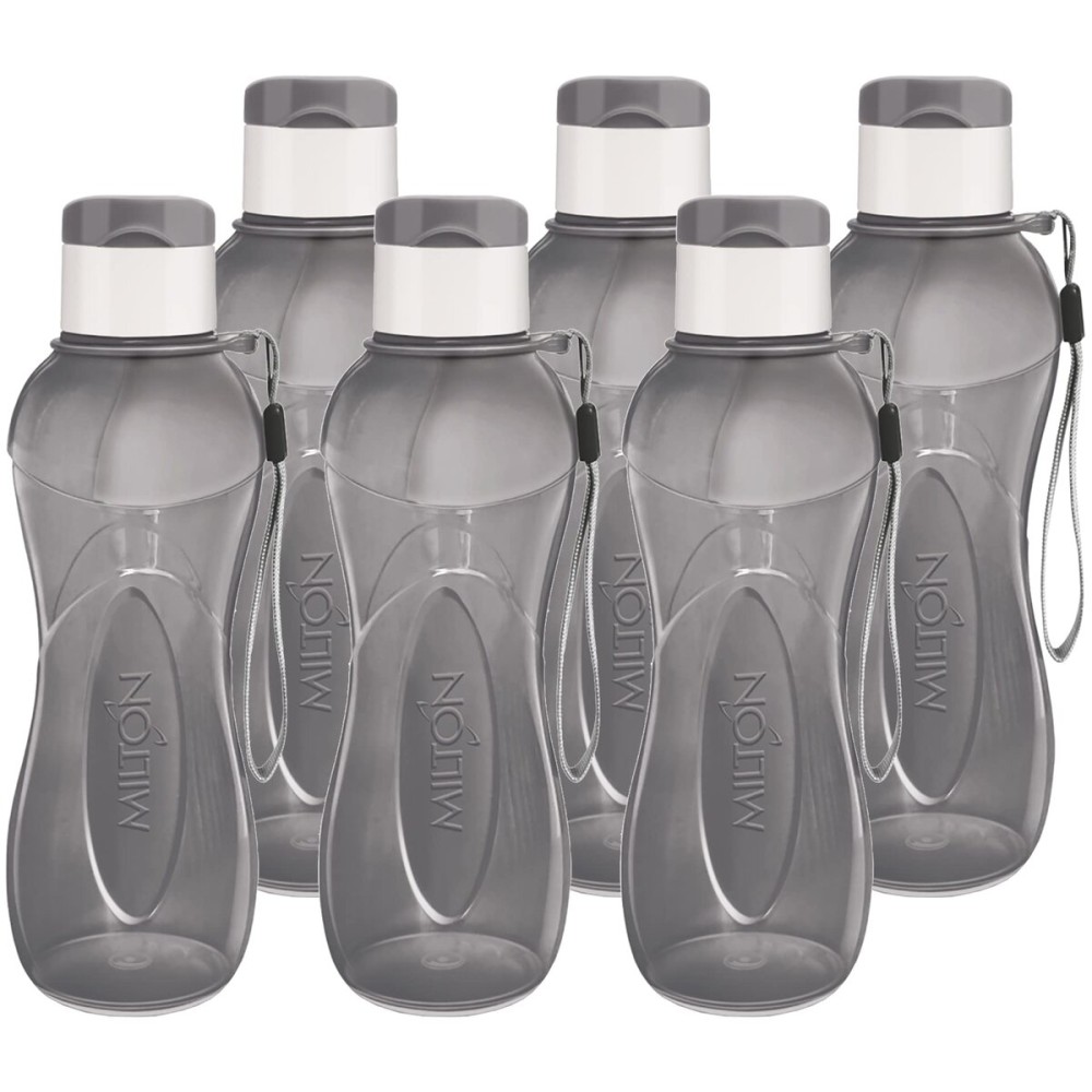 MILTON Water Bottle Kids Reusable Leakproof 12 Oz Plastic Wide Mouth Large Big Drink Bottle BPA & Leak Free with Handle Strap Carrier for Cycling Camping Hiking Gym Yoga (Black 6 pack)