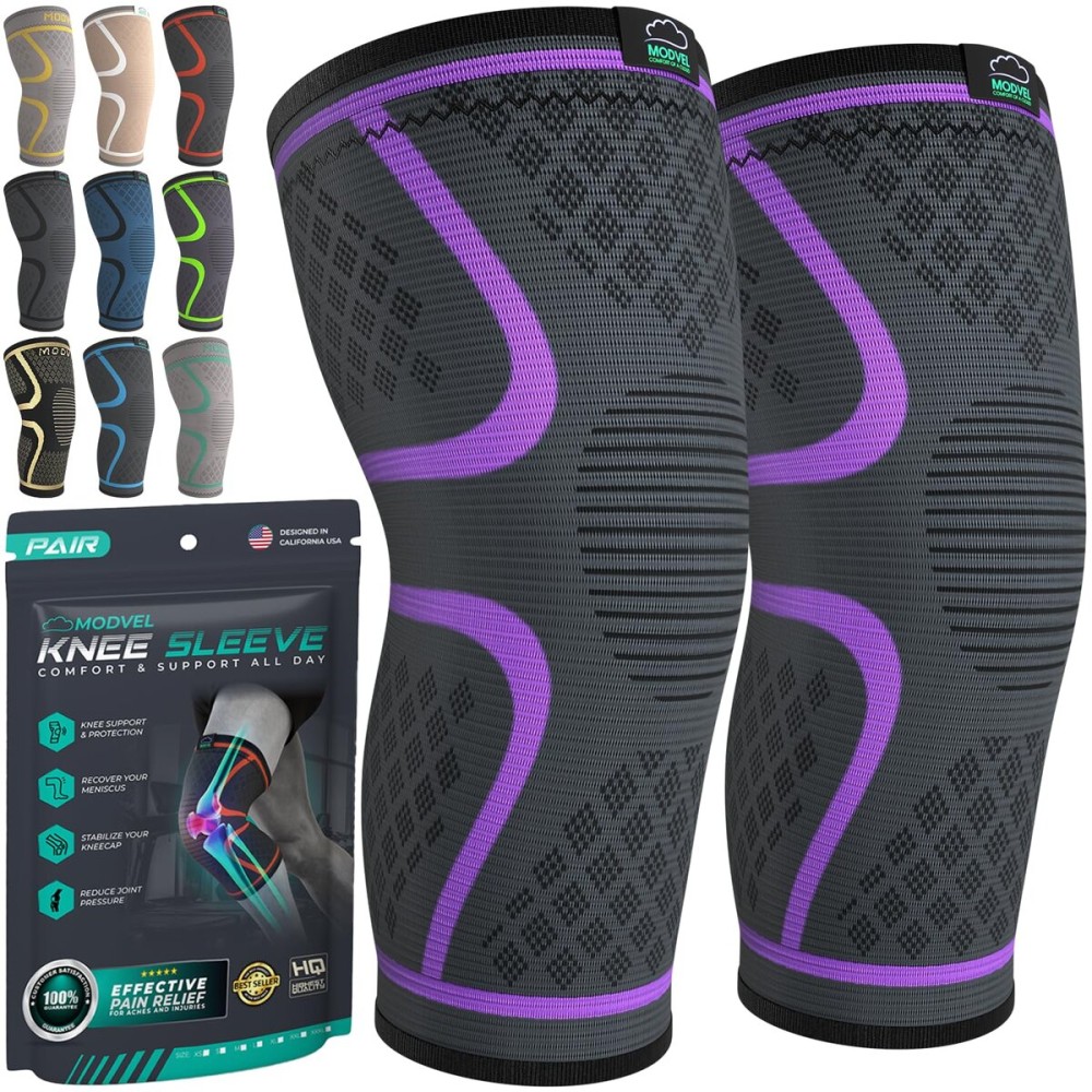 Modvel Compression Knee Brace for Women & Men - 2 Pack Knee Brace for Women Running Knee Pain, Knee Support Compression Sleeve, Workout Sports Knee Braces for Meniscus Tear ACL & Arthritis Pain Relief