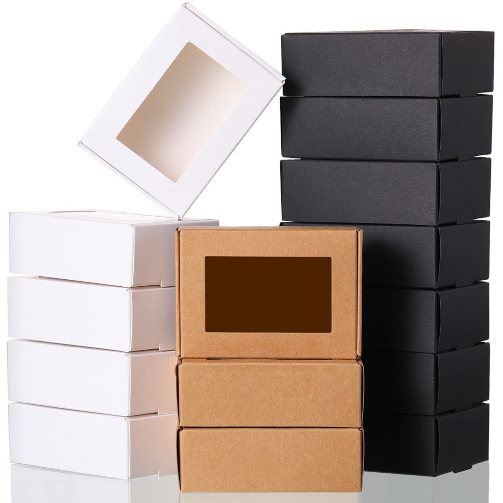 Zonon 30 Pcs Soap Boxes for Homemade Packaging, Mini Kraft Treat Boxes with Window for Bakery Candy Soap Making Gift Packaging(3.5 x 2.4 x 1.2 Inch,Black Brown White)