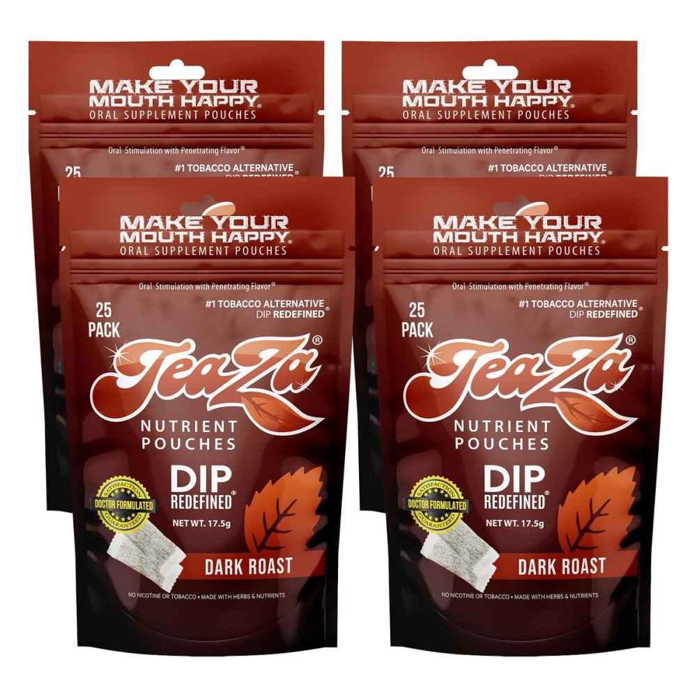 Teaza Energy Tobacco Free Snuff Nicotine Free Pouches, Smokeless Alternative Snuff Healthy Chewing Dipping, Coffee (4 Pack) Tobacco Free Chew Alternative Dip No Crash Fully Premium Flavored