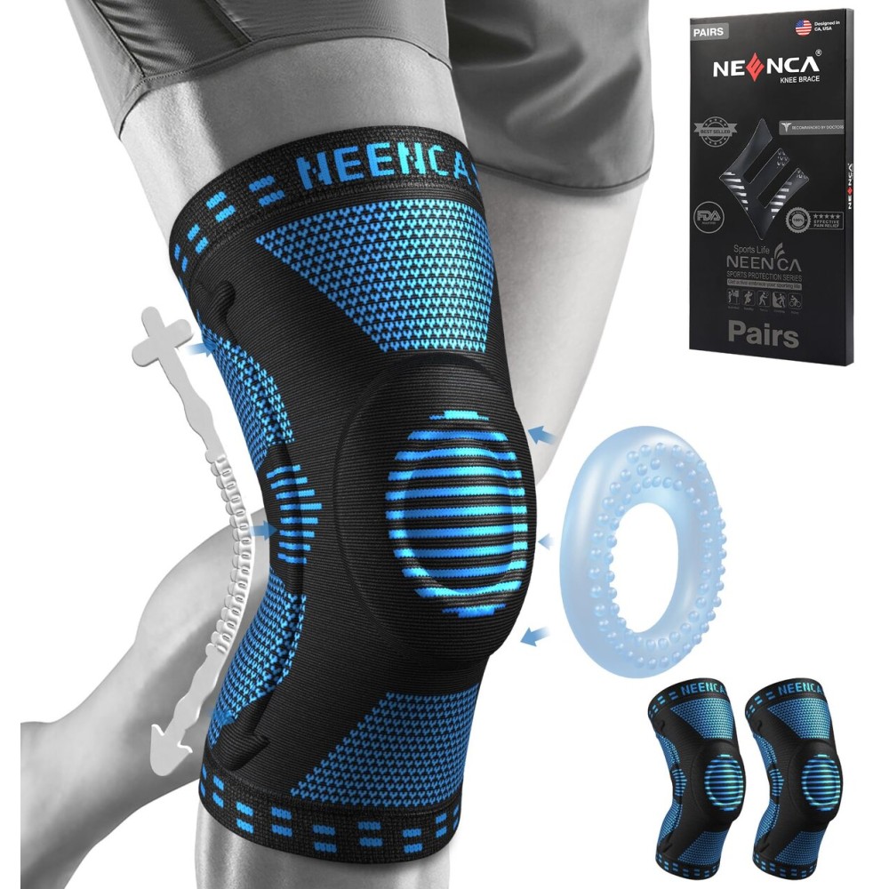 NEENCA 2 Pack Knee Braces for Knee Pain, Compression Knee Sleeves with Patella Gel Pad & Side Stabilizers, Knee Support for Meniscus Tear, Arthritis, Joint Pain, ACL, Runner, Workout- FSA/HSA APPROVED