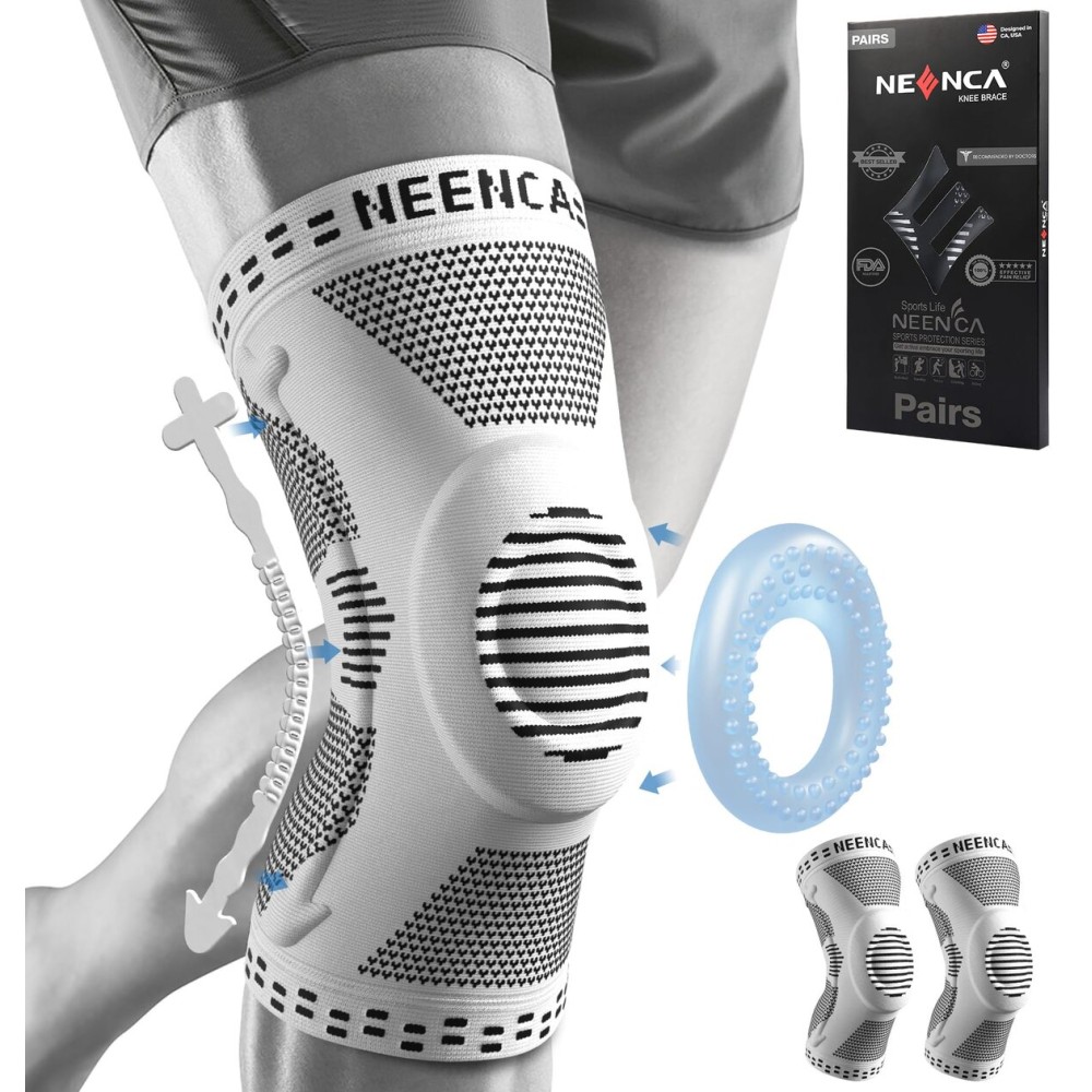 NEENCA 2 Pack Knee Braces for Knee Pain, Compression Knee Sleeves with Patella Gel Pad & Side Stabilizers, Knee Support for Meniscus Tear, Arthritis, Joint Pain, ACL, Runner, Workout- FSA/HSA APPROVED