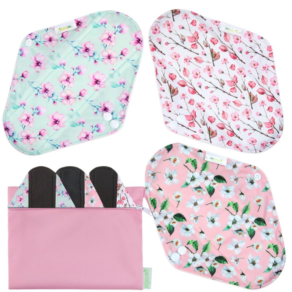 wegreeco Reusable Menstrual Pads - Reusable Sanitary Pads | Reusable Panty Liners | Soft Cloth Menstrual Pads - 6 Pack with 1 Cloth Mini Wet Bag (S, Cherry Blossoms)