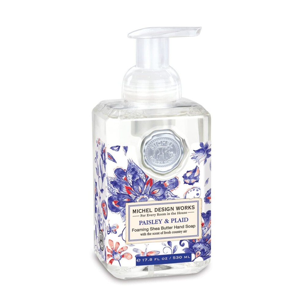 Michel Design Works Foaming Hand Soap 17.8oz, Paisley & Plaid (Fashion Forward Paisley Design) Scent and Design, Shea Butter and Aloe Vera Blend, Beautiful Square Container with Pump