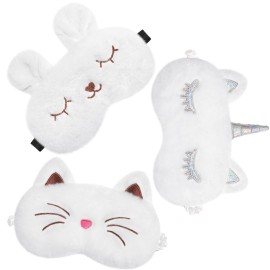 3 Pieces Sleep Mask for Kids, Girls Plush Sleeping Eye Cover Soft Eye Blindfold Cover Animal Shade for Kids(White,Bunny, Cat and Unicorn Style)