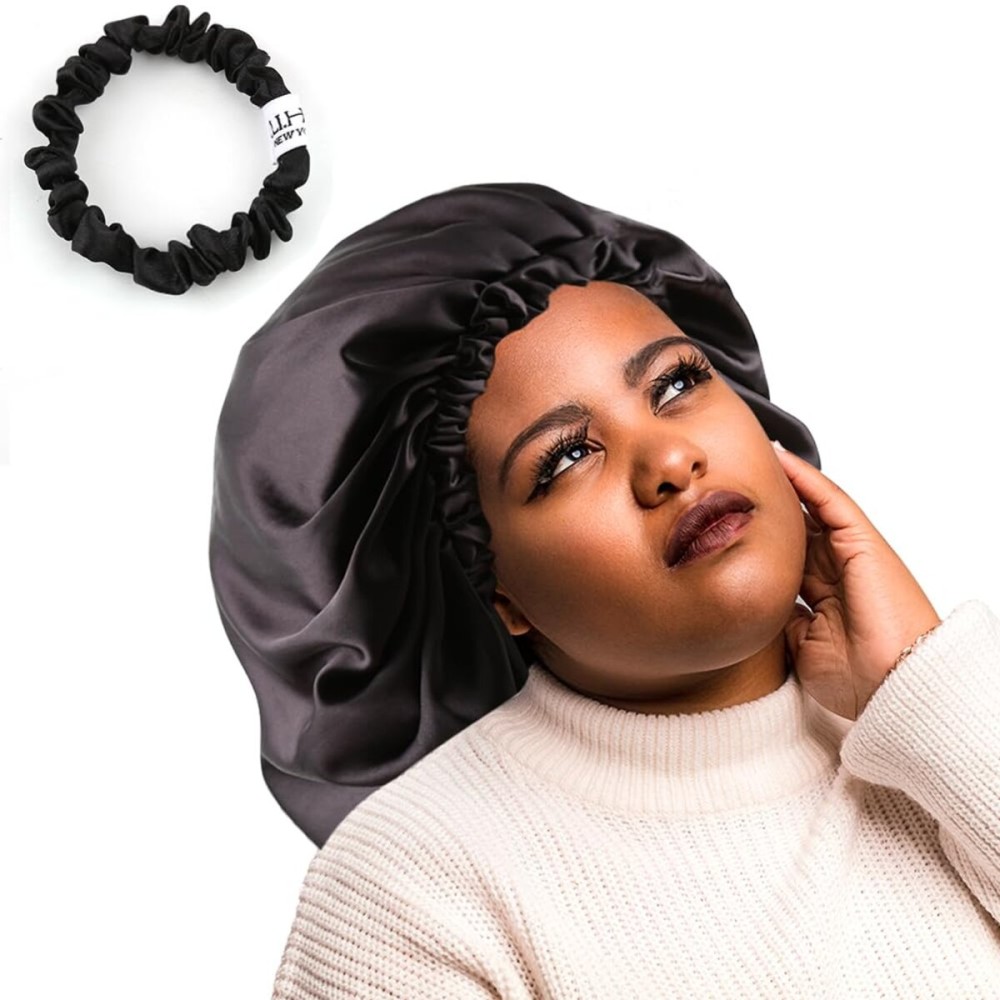 ELIHAIR Stain Bonnet Silky Sleep Cap Adjustable Satin Cap for Night Sleeping Hair Bonnet Reversible Double Layer XX-Large Size Dark Black