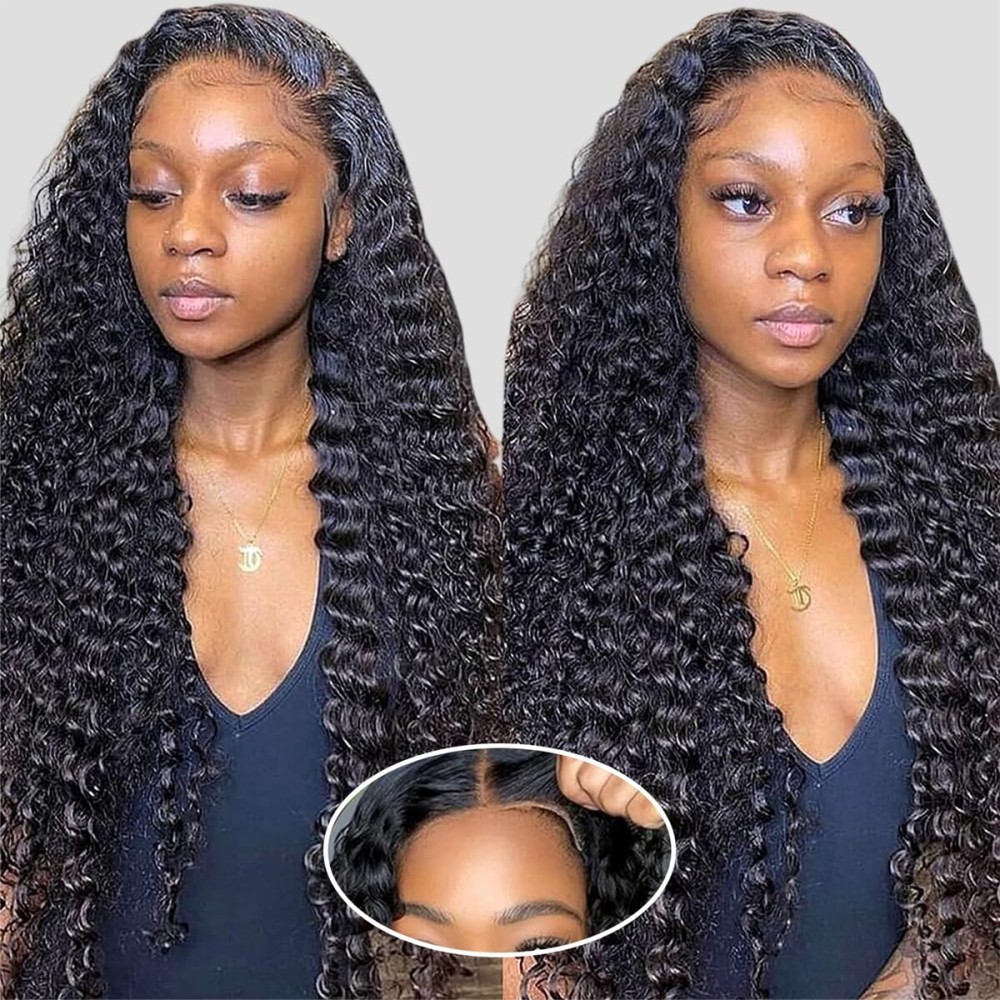 Wear and Go Glueless Wigs Human Hair Pre Plucked Pre Cut 5x5 HD Closure Wigs Human Hair Deep Wave Lace Front Wigs for Black Women 210% Dentisy 12A Deep Curly Glueless Wig Bleached Knots (30 Inch)