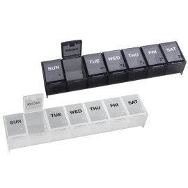 EZY DOSE Weekly (7-Day) Daily Pill Organizer, Vitamin Planner, and Medicine Container, Large Compartments, Easy to Open, Travel Friendly, Includes One Black and One White (2 Pack), Made in The USA