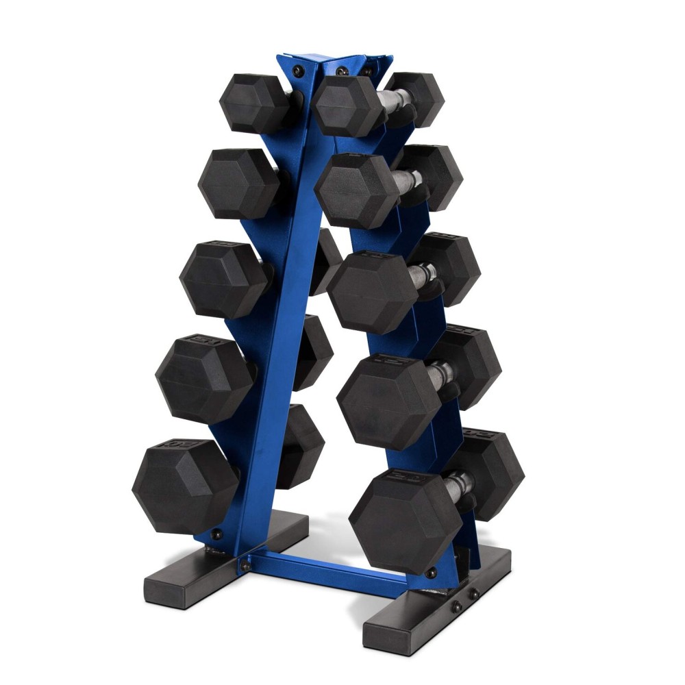 Cap Barbell 150 LB Rubber Coated Hex Dumbbell Hand Weight Set with Vertical Storage Rack - Chrome Handle | Blue Rack