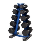 Cap Barbell 150 LB Rubber Coated Hex Dumbbell Hand Weight Set with Vertical Storage Rack - Chrome Handle | Blue Rack