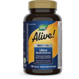 Nature\'s Way Alive! Mens 50+ Daily Ultra Multivitamins, High Potency Formula, Supports Healthy Brain, Eyes & Heart*, with Methylated Vitamin B12, Gluten-Free, 150 Tablets