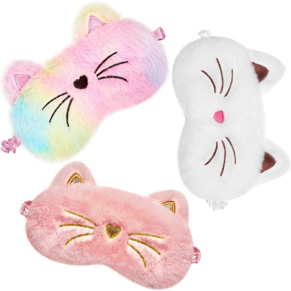 3 Pieces Sleep Mask for Kids, Girls Plush Sleeping Eye Cover Soft Eye Blindfold Cover Animal Shade for Kids(White, Pink and Rainbow Color,Cat Style)