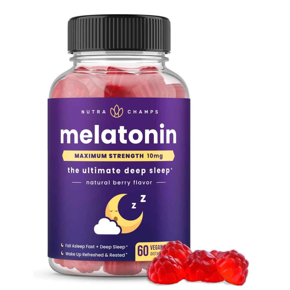 NutraChamps Melatonin Gummies for Adults, Extra Strength Sleep Aid Vitamins, 5mg or 10mg Dose, Vegan Natural Strawberry Flavor Supplement for Better Sleep, Healthy Sleep Cycles, 60 Gummies