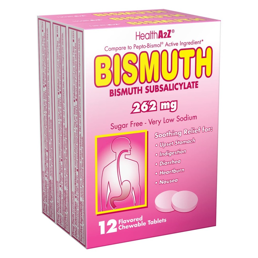HealthA2Z Bismuth | Bismuth Subsalicylate 262mg | Multi-Symptom Relief | (3 Pack (36 Tablets))