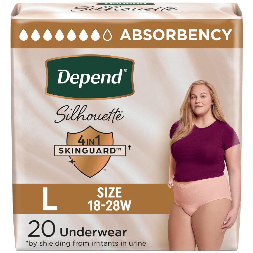 Depend Silhouette Adult Diapers, Incontinence & Postpartum Bladder Leak Underwear for Women, Maximum Absorbency, Large, Pink, 20 Count, Packaging May Vary