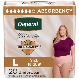Depend Silhouette Adult Diapers, Incontinence & Postpartum Bladder Leak Underwear for Women, Maximum Absorbency, Large, Pink, 20 Count, Packaging May Vary